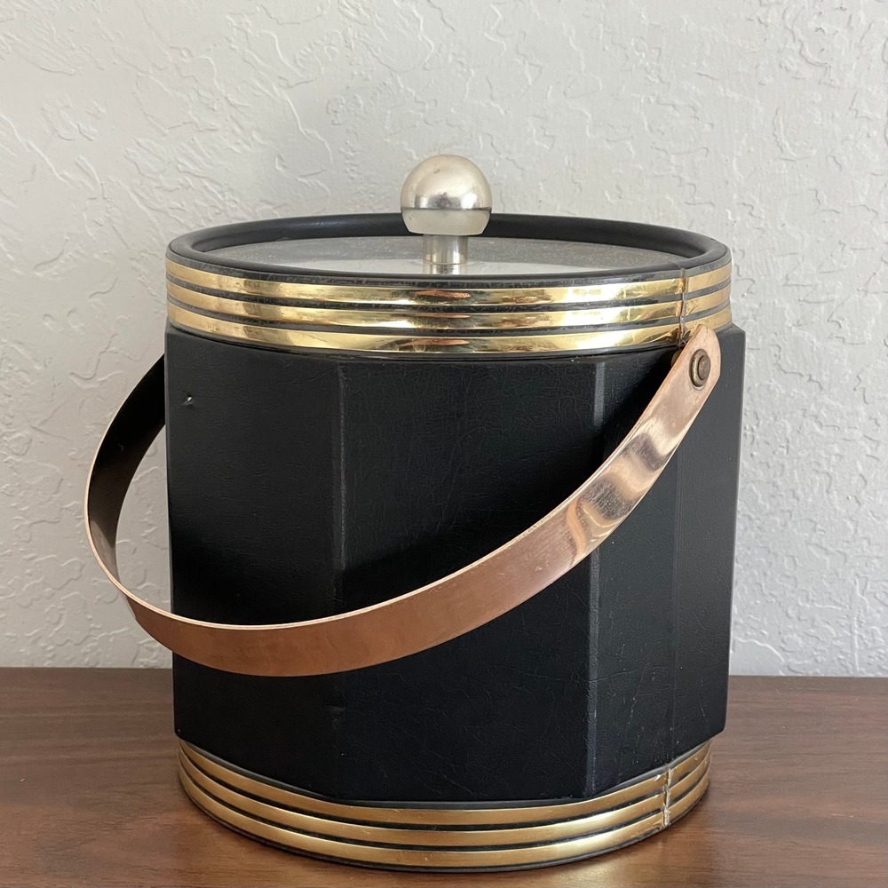 Vintage Barware Ice Bucket Gold Black MCM Bar Cart Lid Handle Party Taiwan